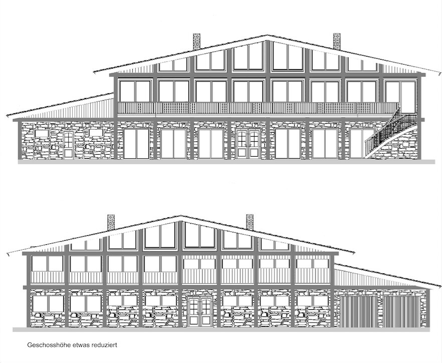 Two-story house with stone basement, timber-framed upper floor, many windows; stairs on the right