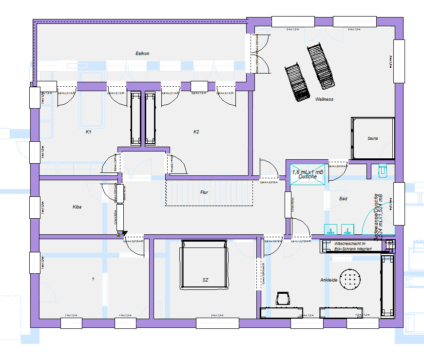 Grundriss eines Hauses: Wellnessbereich mit Sauna, Bad, Flur, Schlafzimmer, Ankleide, K1, K2, Balkon