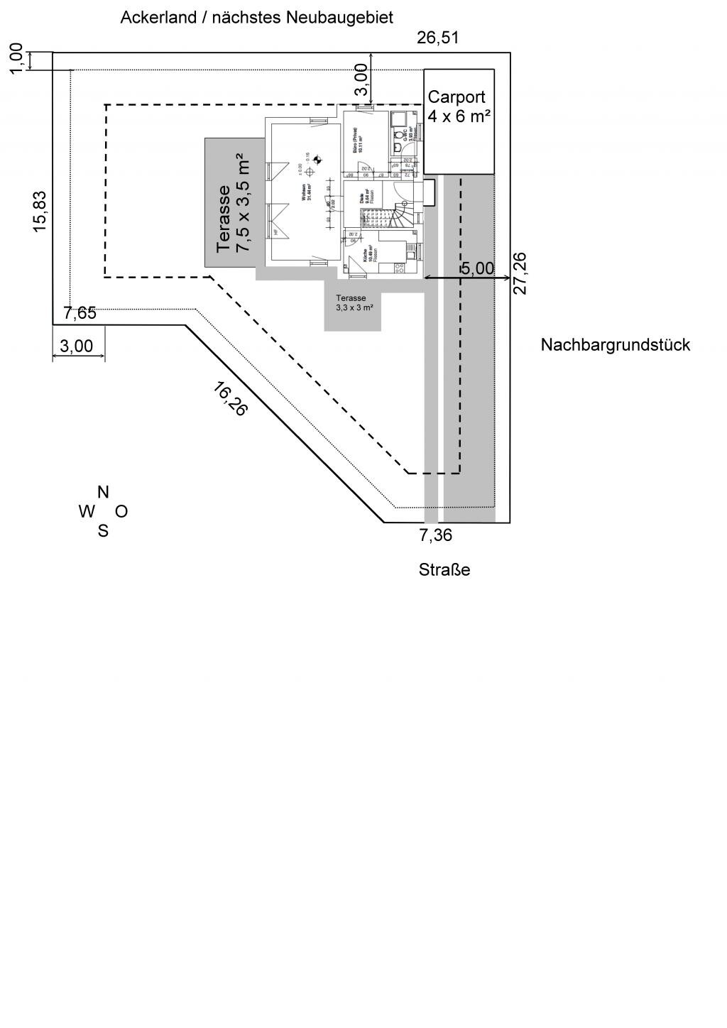 Floor plan of a plot with house, terrace and carport in a new development area