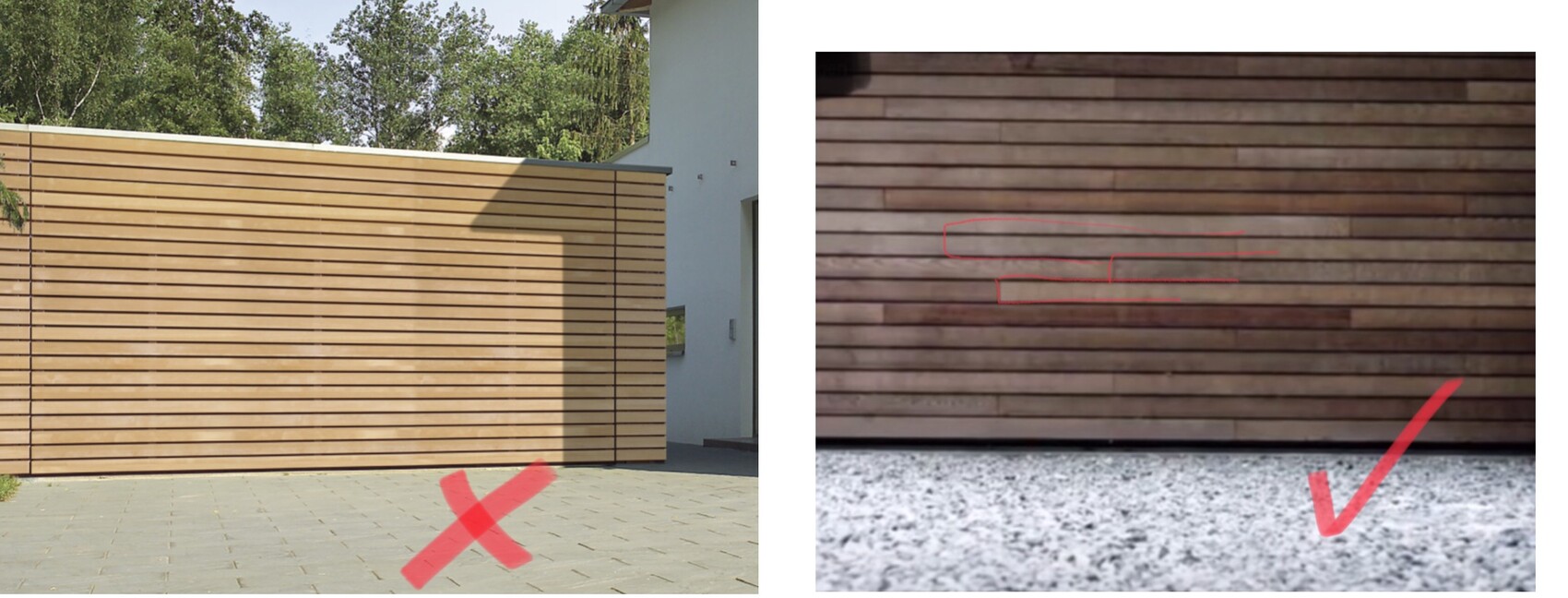 Two images: Left wooden lath wall with red X; right close-up of the lath wall with a red mark.