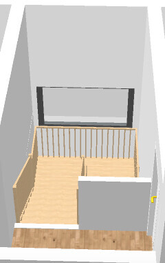 3D-Render eines Eingangsbereichs mit Treppe, Geländer, Holzboden und grauen Wänden.