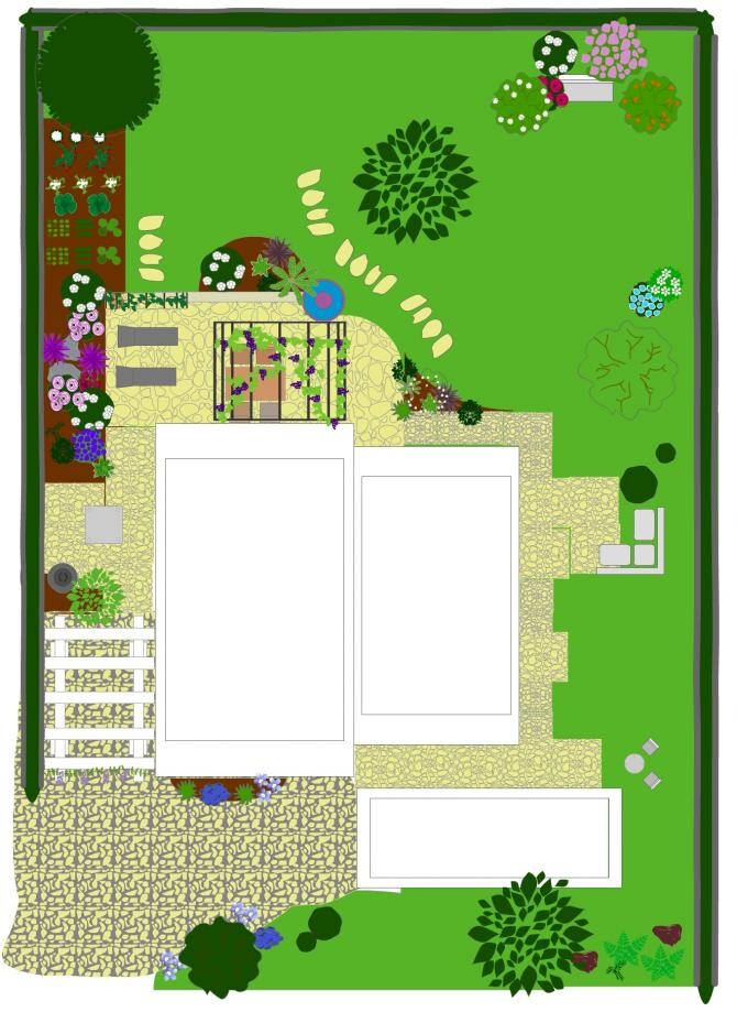 Front garden plan of a house with gravel paths, flower beds, terrace, steps, and surrounding greenery.