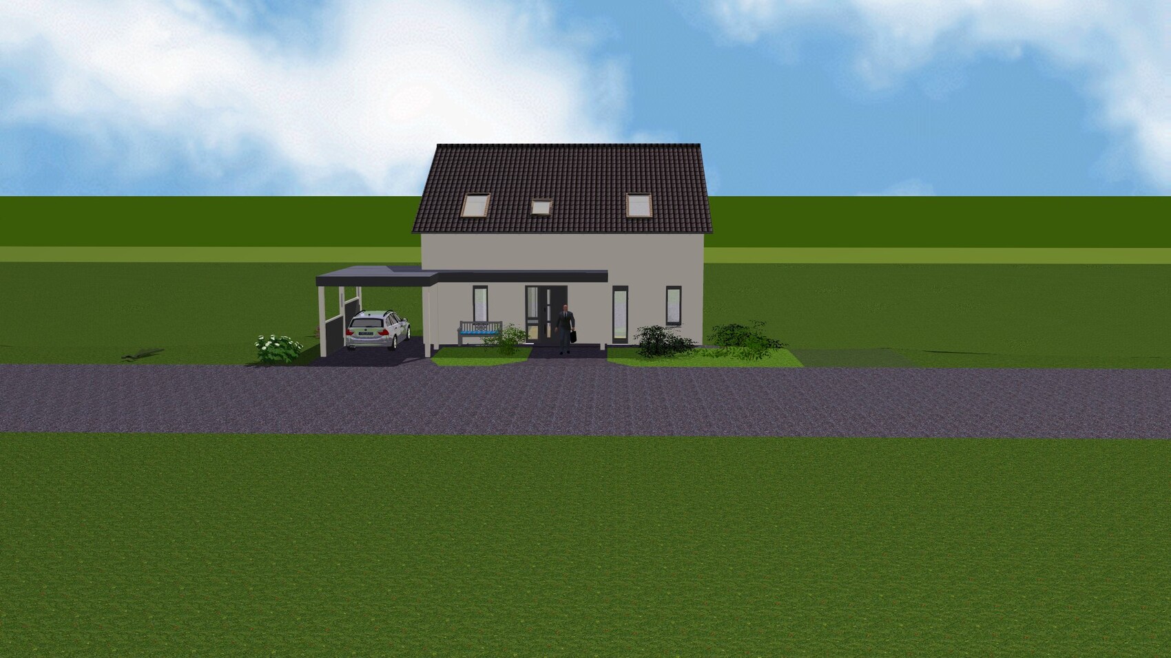 Two-story house with carport, parked car and man at the entrance; green lawn areas.
