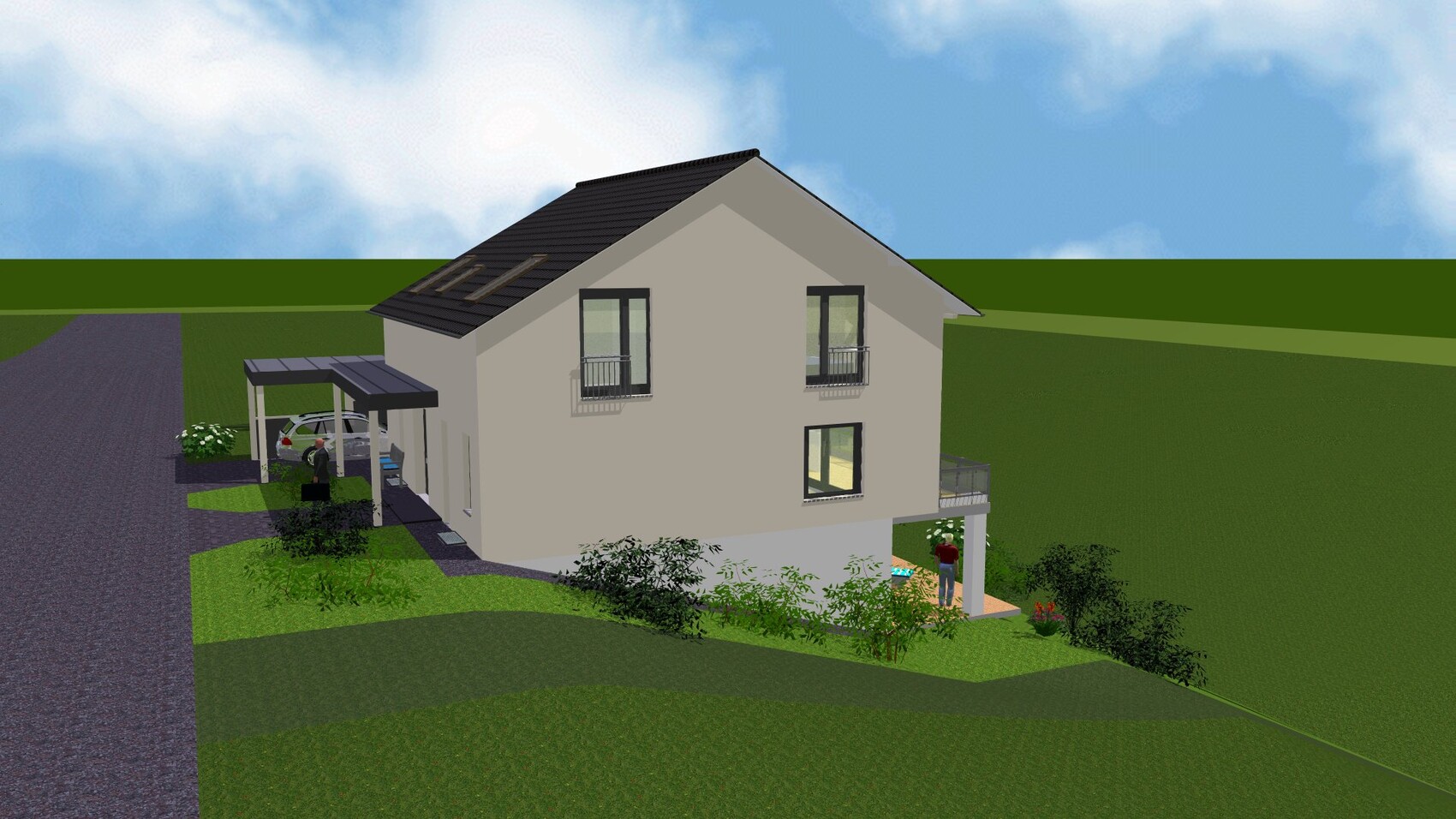 Two-story house with pitched roof, carport, terrace, garden on a slope, blue sky.