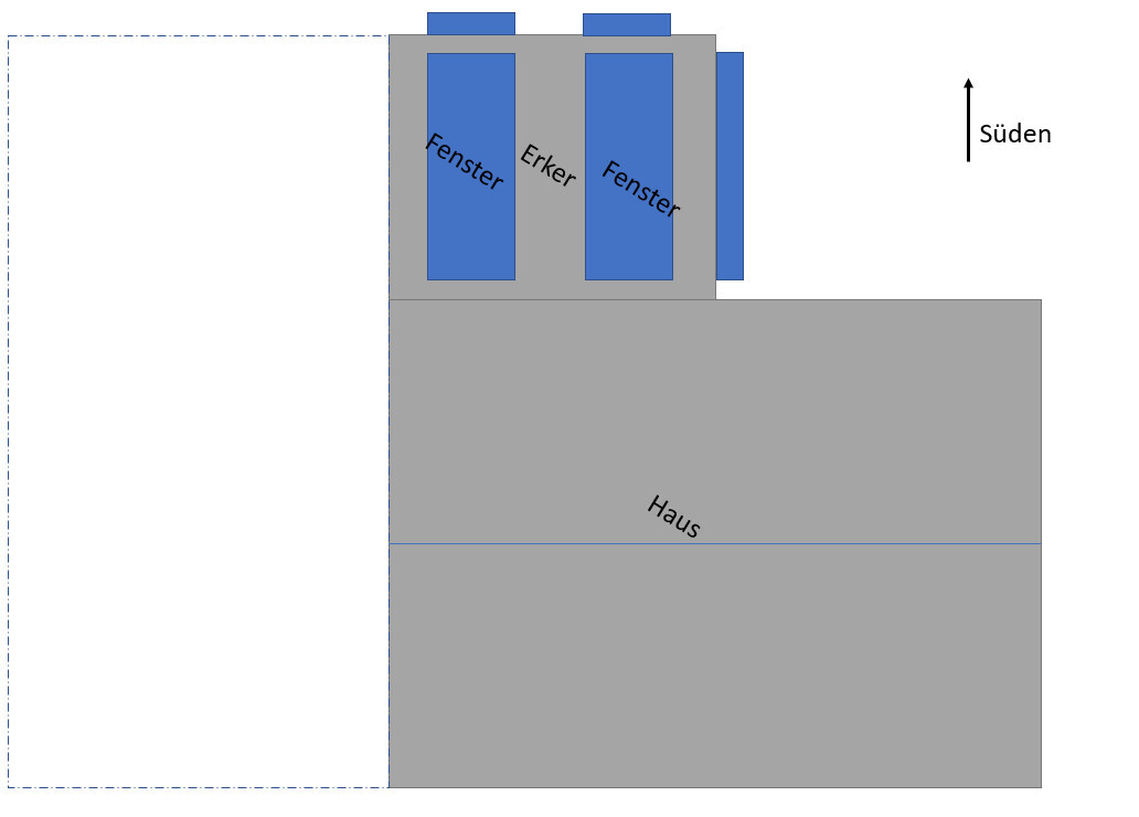 Schematic floor plan of a house with windows and bay window