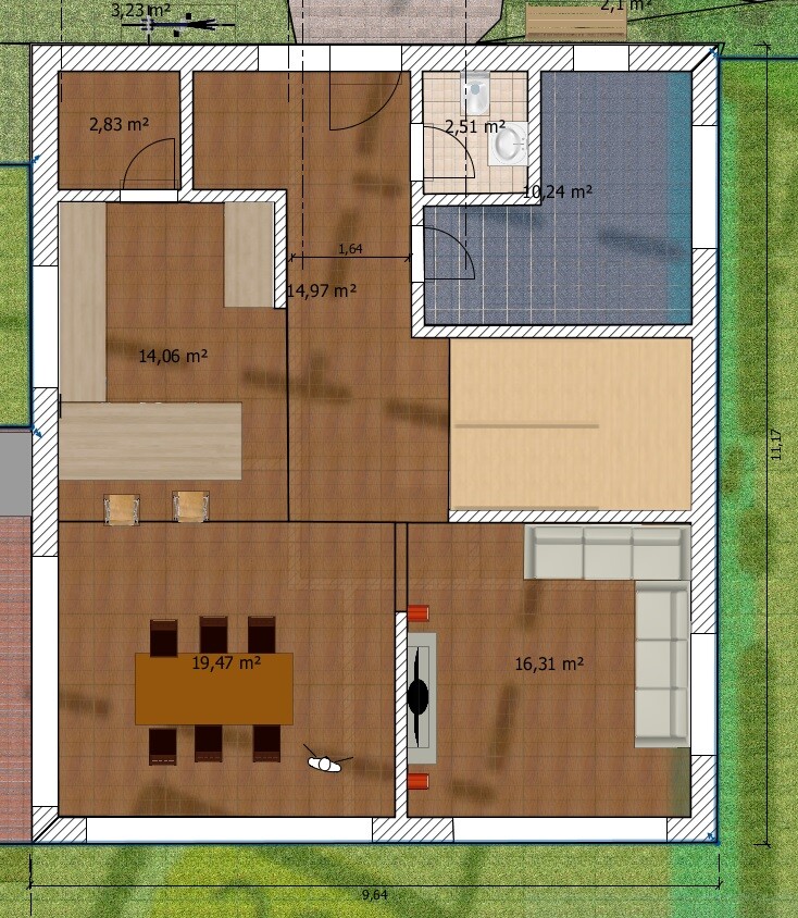 2D house floor plan with living room, kitchen, dining area, and bathroom, dimensions marked