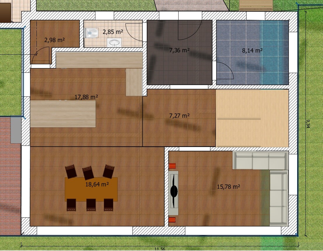 Grundriss eines Hauses mit Raumgrößenangaben, Wohnzimmer und Essbereich
