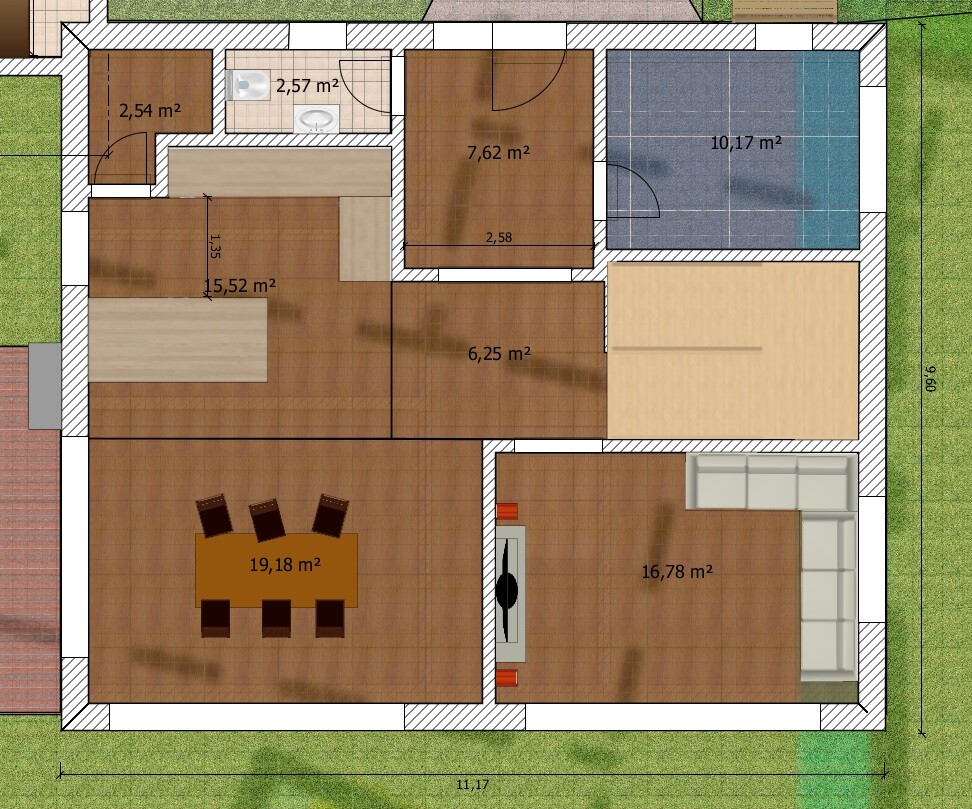 Übersichtlicher Grundriss eines Hauses mit Wohn- und Essbereich, Küche und Schlafzimmer