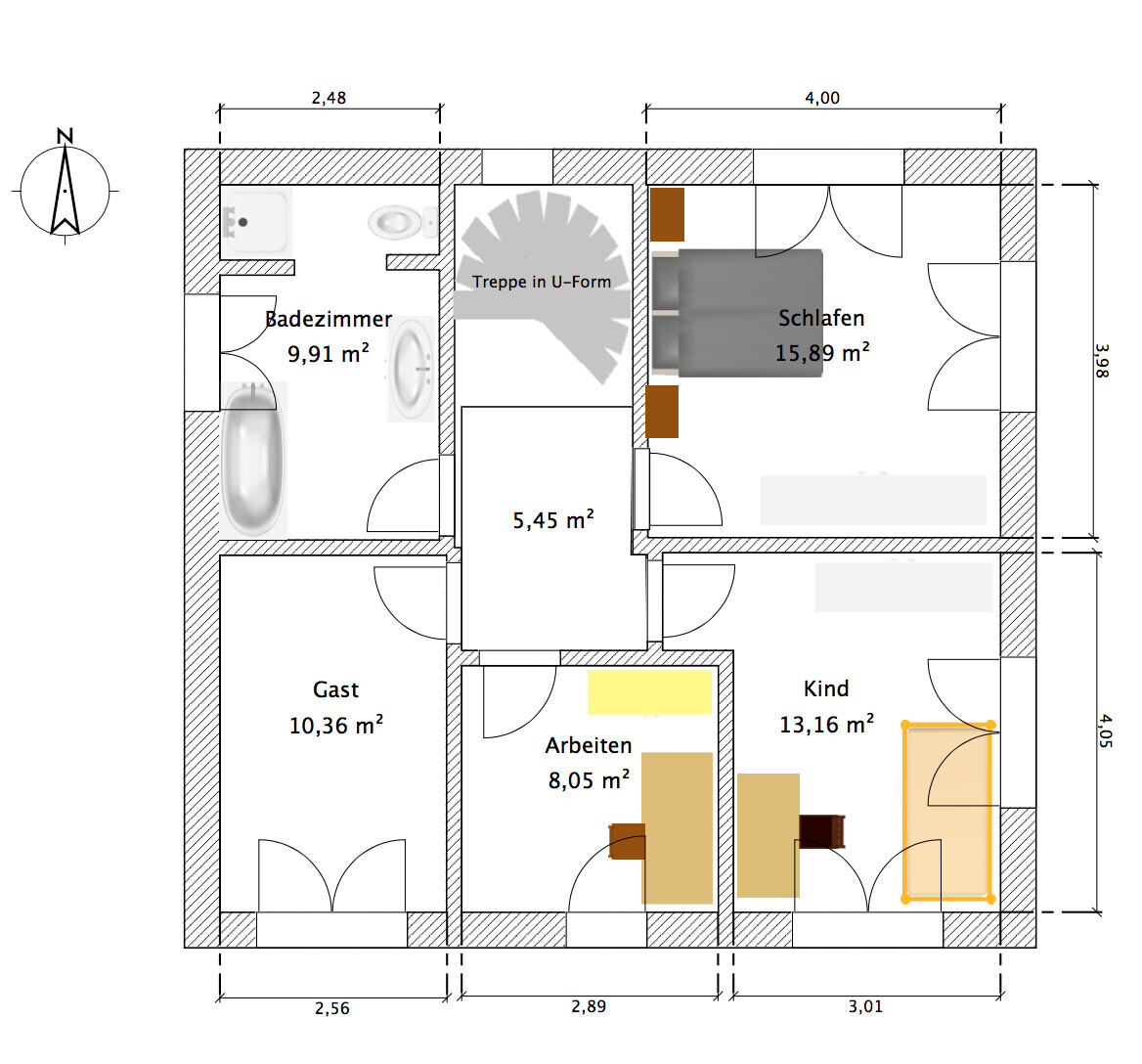 Floor plan of an apartment with bathroom, bedroom, guest room, child’s room, office; U-shaped staircase.