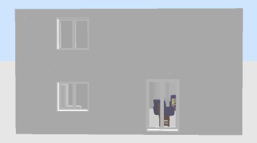 Grey 3D house facade with windows and entrance door, exterior view