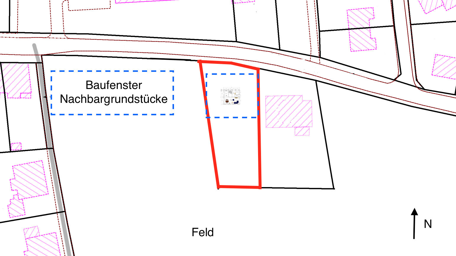 Site plan with plot boundaries, building envelopes and north orientation.