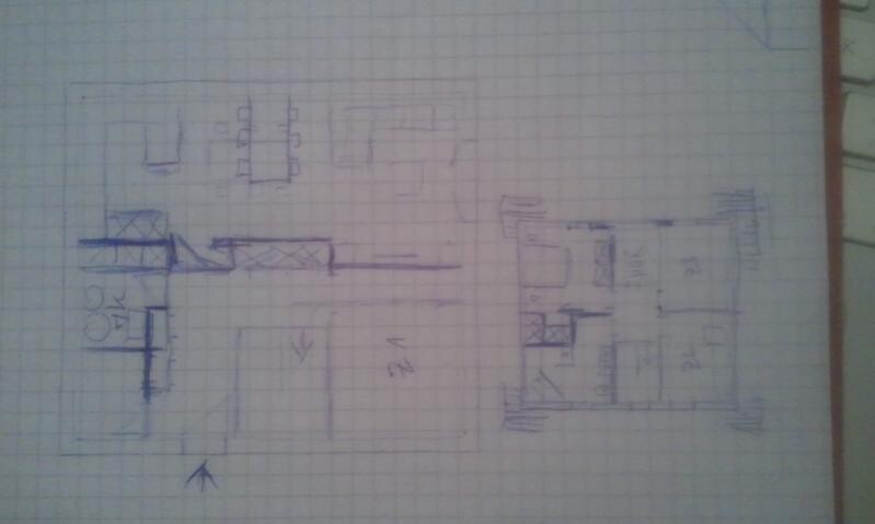 Hand-drawn floor plan of a building with rooms, corridors, and stairs.