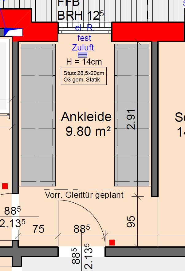 Schlafzimmer-Grundriss mit Ankleidebereich und Kleiderschränken