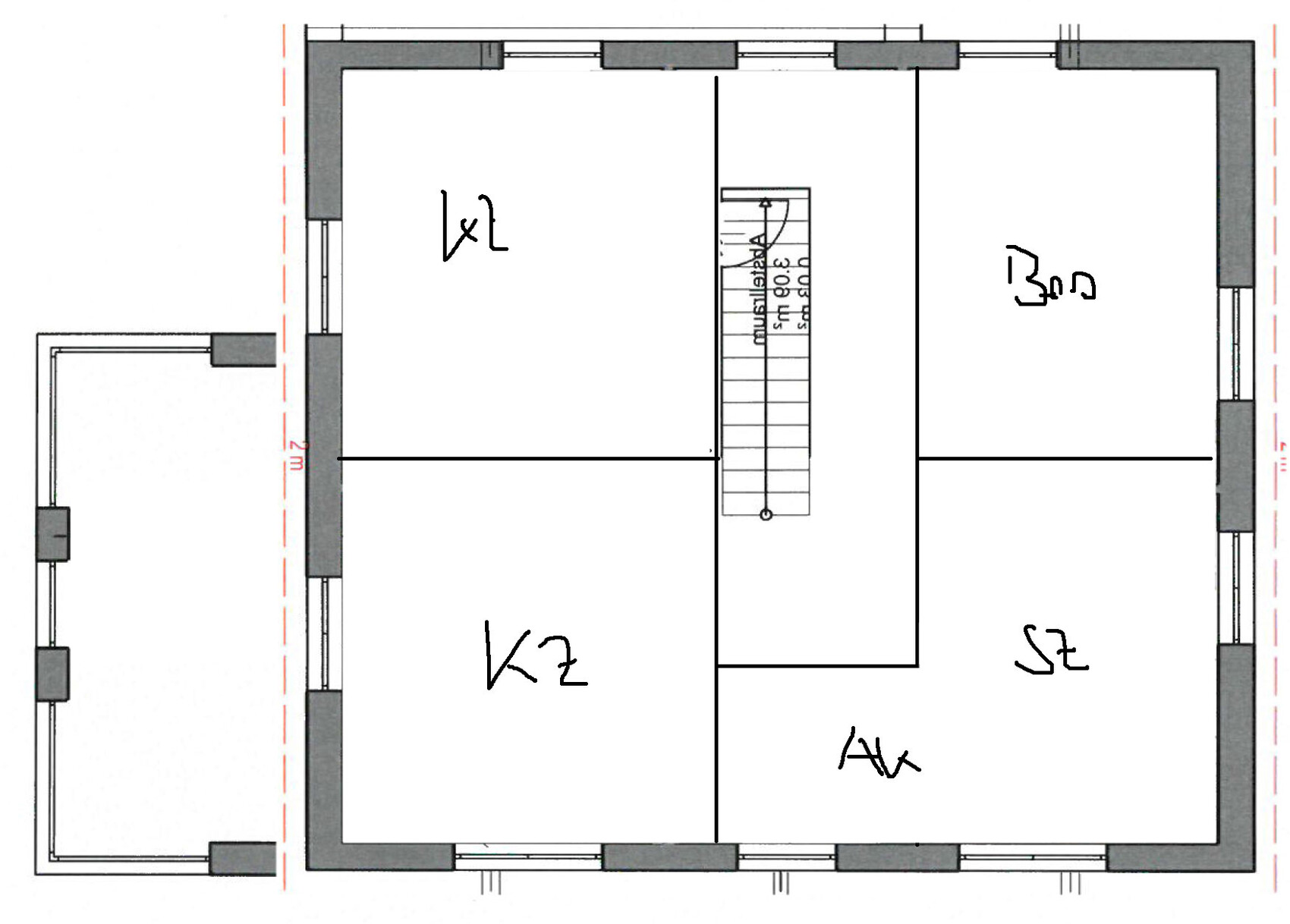 Floor plan of one story: stairwell in the middle, two rooms on the left (K1, K2) and two rooms on the right.