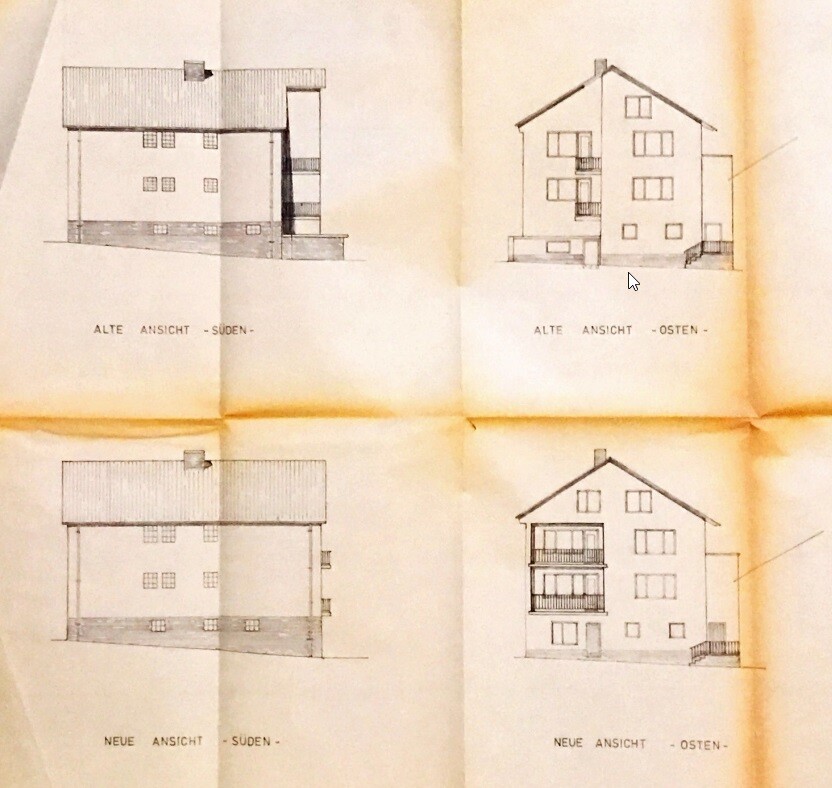 Architectural drawings: old and new house views south and east side