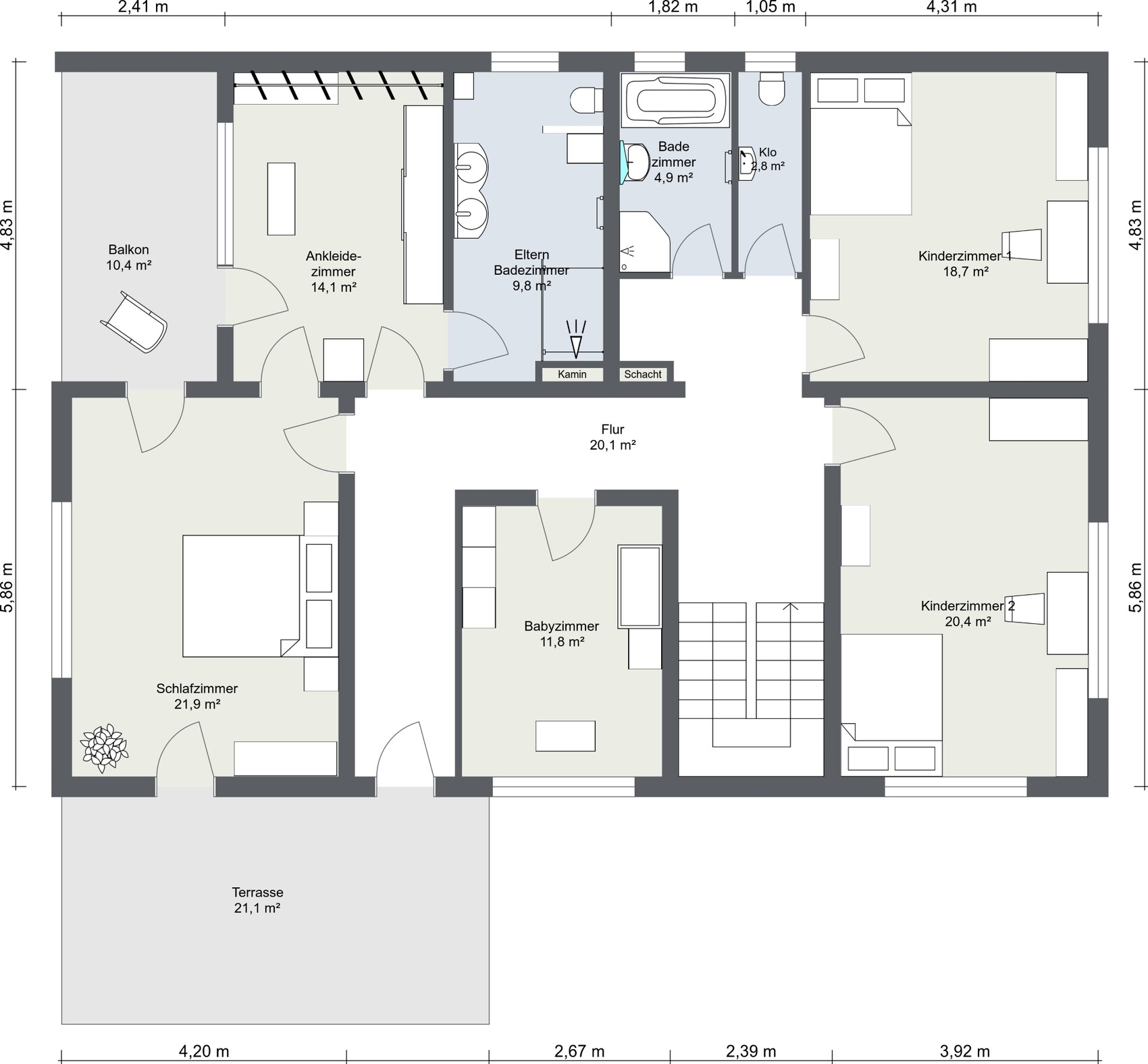 Grundriss eines Hauses mit Schlafzimmern, Kinderzimmern, Bad, Balkon und Terrasse, zentralem Flur