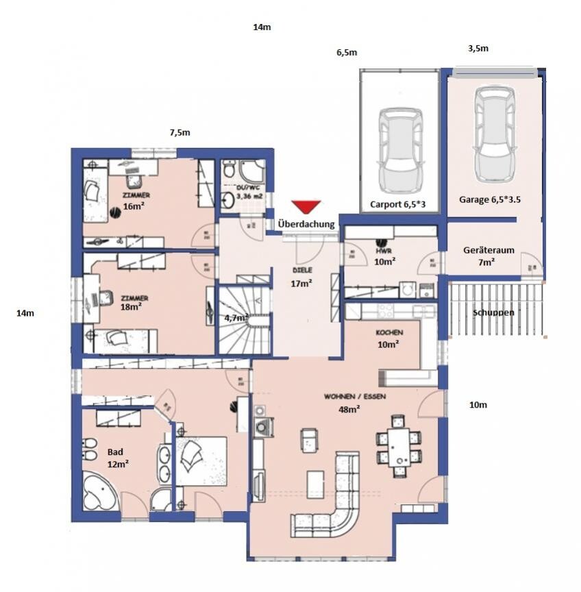 2D-Grundriss eines Hauses mit Wohnzimmer, Küche, Bad und Schlafzimmer