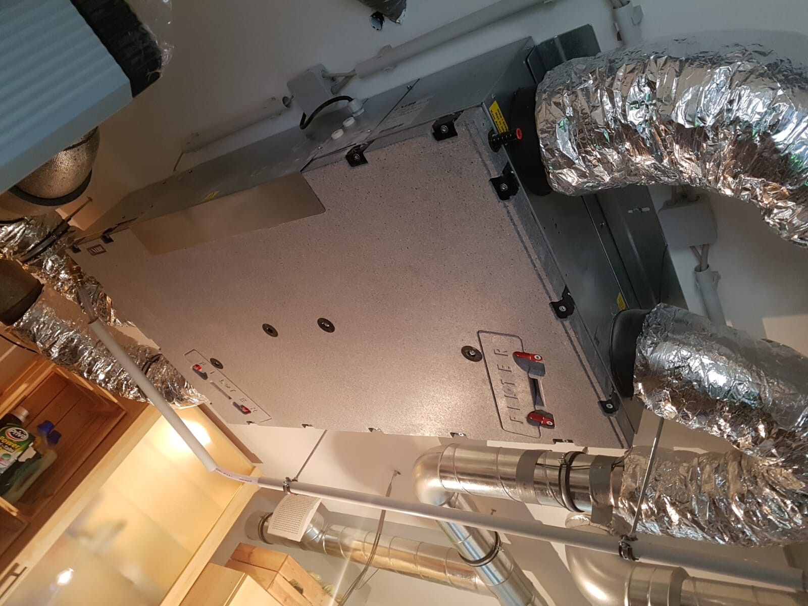HVAC system with insulated ventilation ducts in the technical room