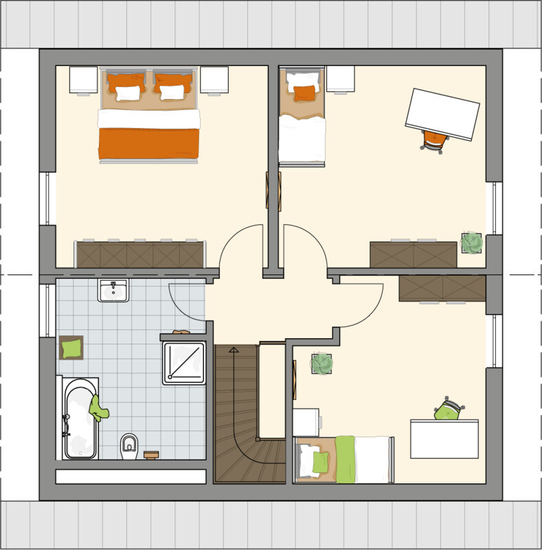 Floor plan of an apartment: two bedrooms, bathroom, staircase, hallway, and workspace.