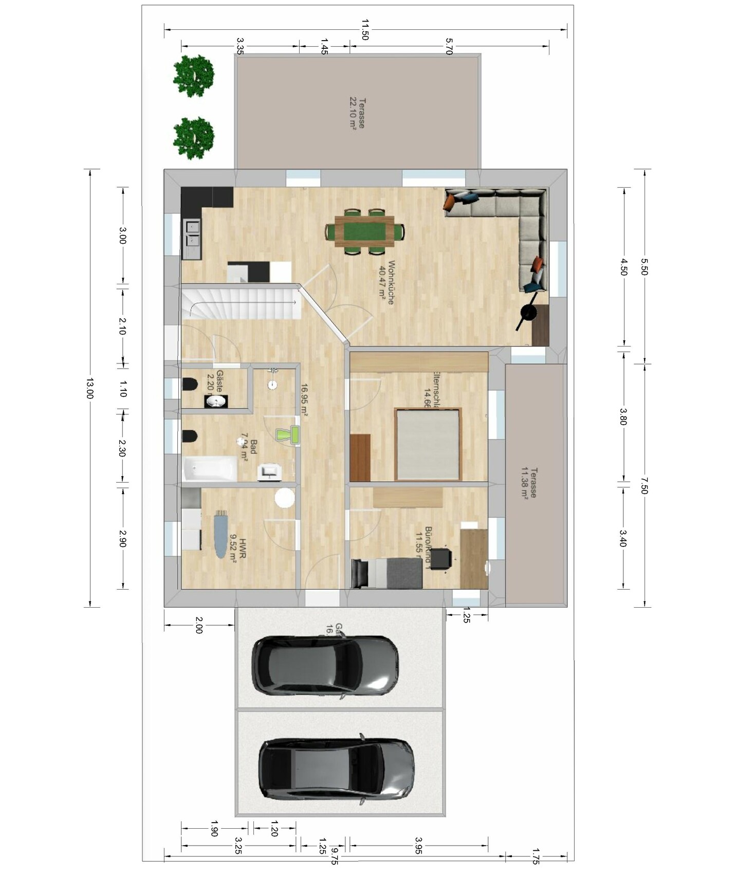 Detailed floor plan of a house with living room, kitchen, terrace, and garage.
