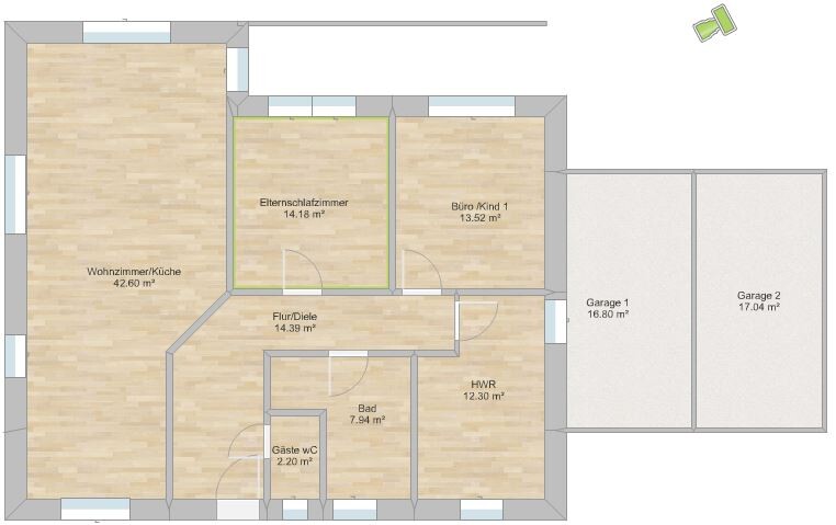 2D floor plan of a house with living room, kitchen, bathroom, hallway, bedroom, office, and garage