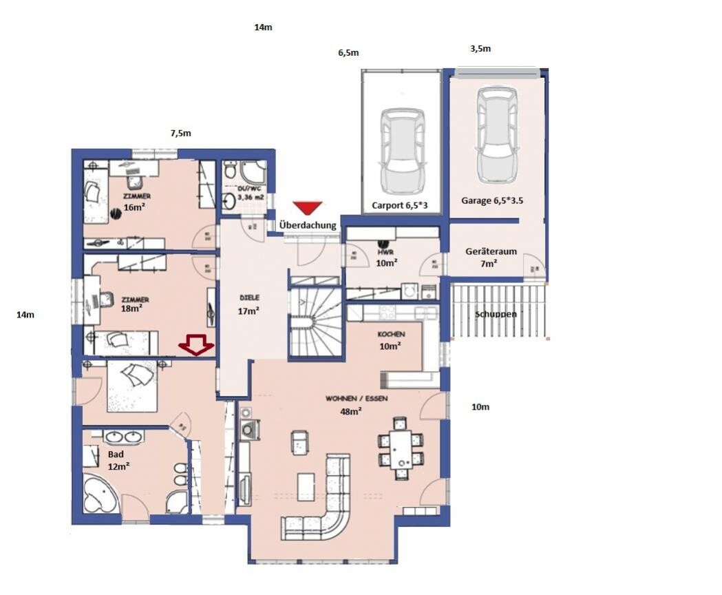 Detaillierter Hausgrundriss mit Wohnbereich, Küche, Schlafzimmer, Bad und Garage.