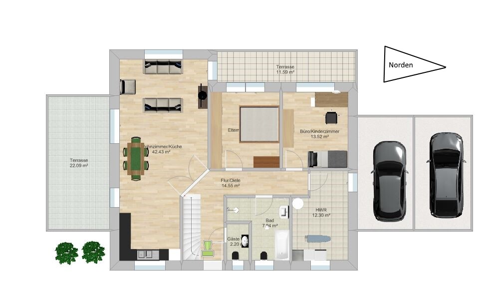 2D floor plan of a house with terrace, garage, kitchen, and living room