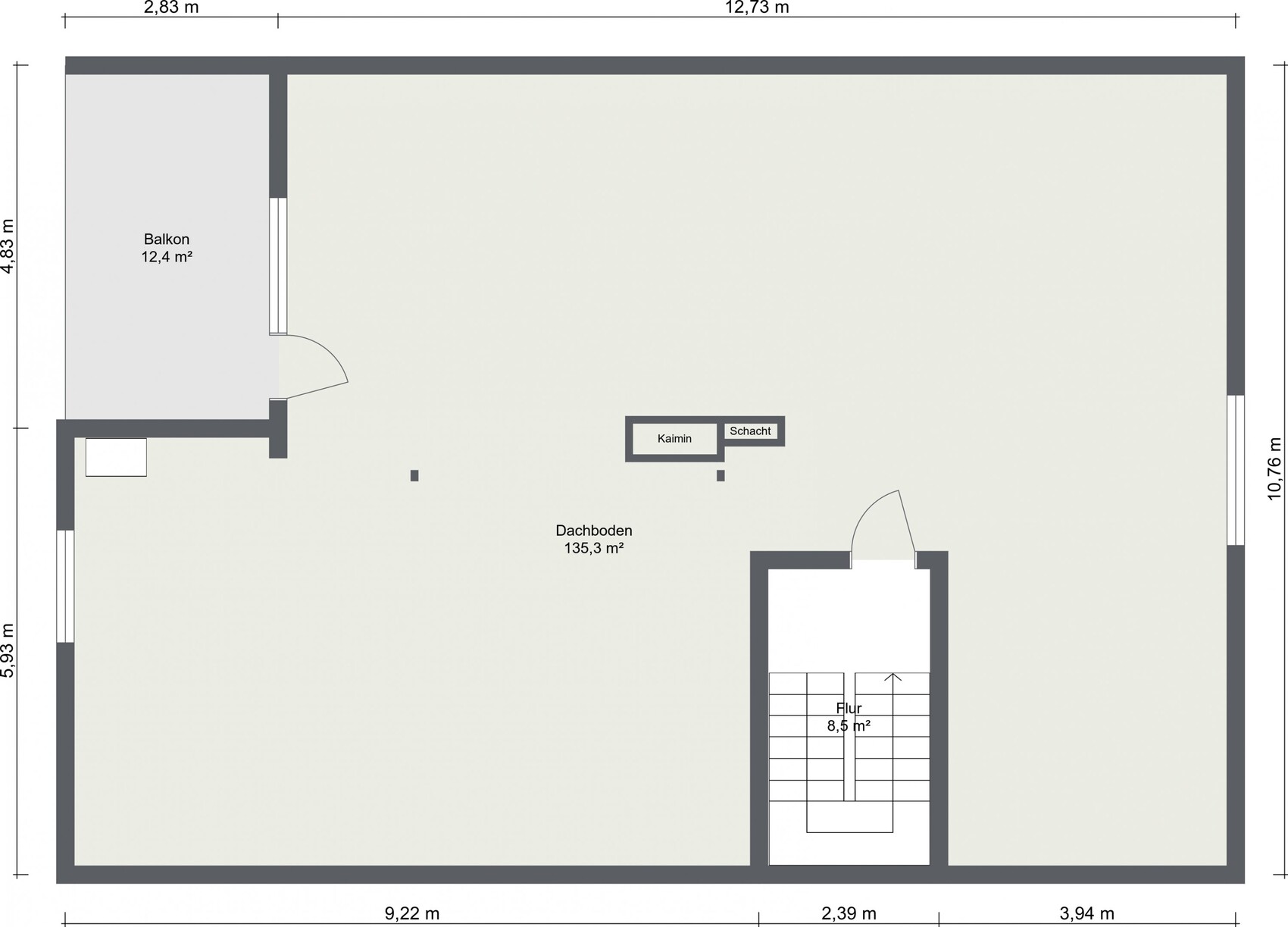 Floor plan of an attic with balcony, staircase, and open attic space