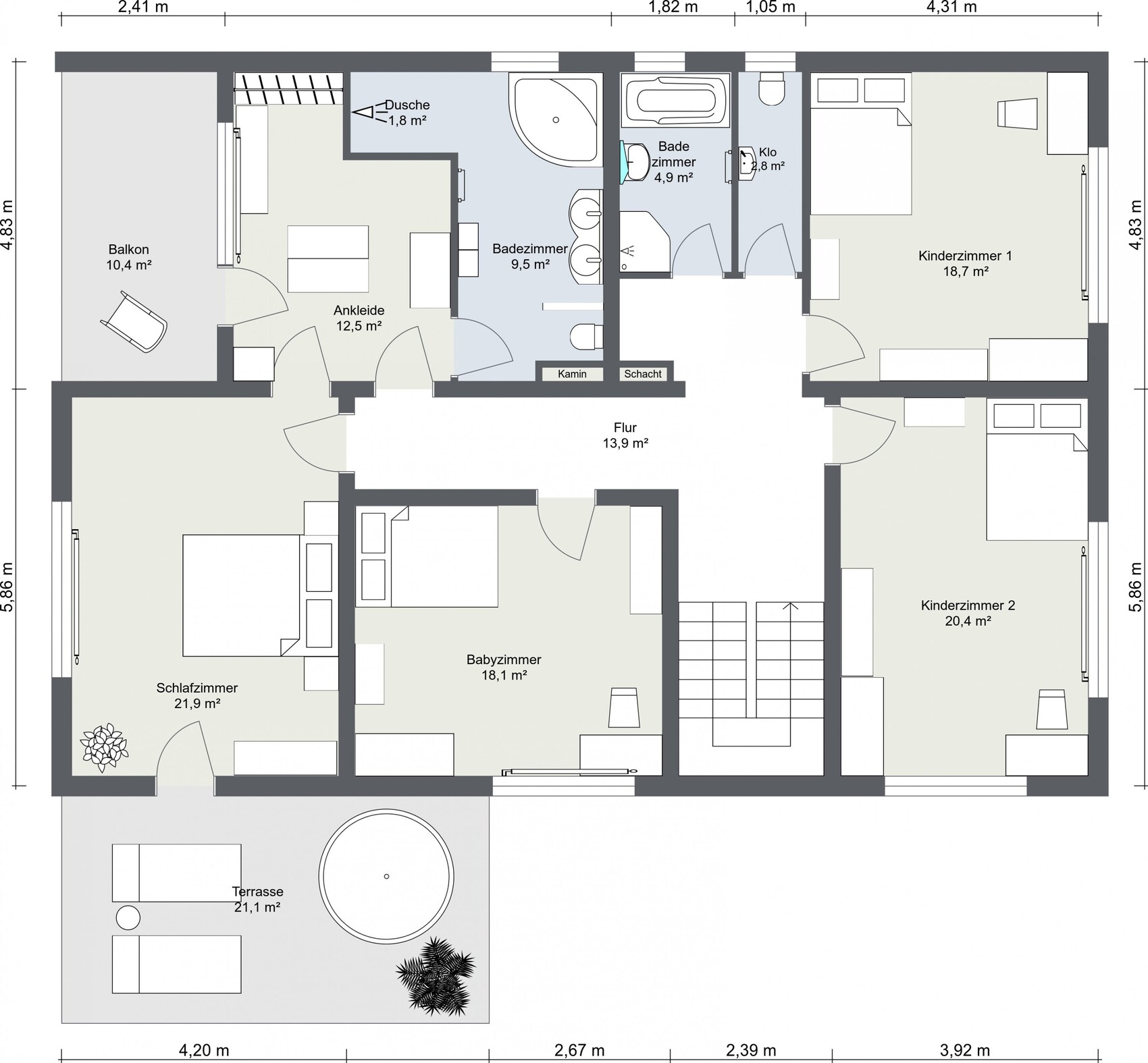 Floor plan of a house with bedrooms, bathroom, hallway, and terrace