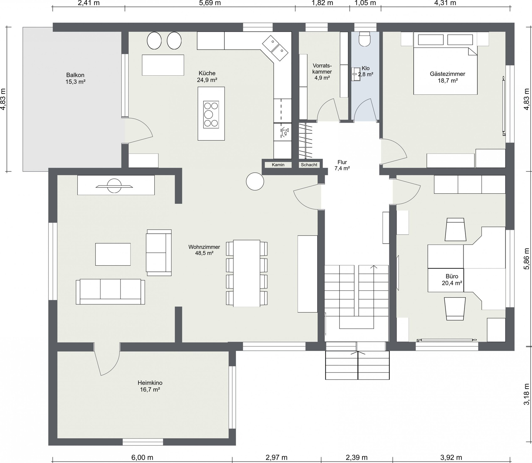 Floor plan of a house with kitchen, living room, guest room, office, and balcony