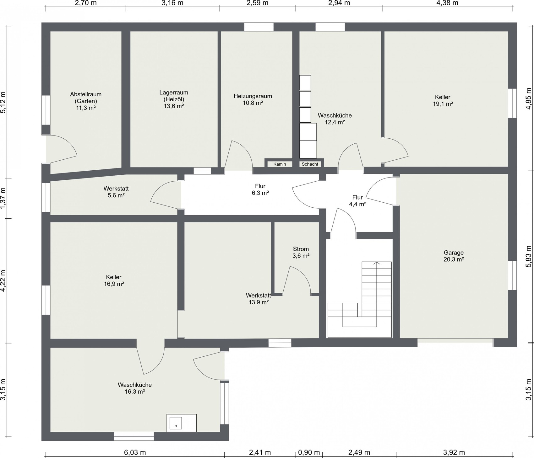 2D floor plan of a house with basement, workshops, laundry room, and garage