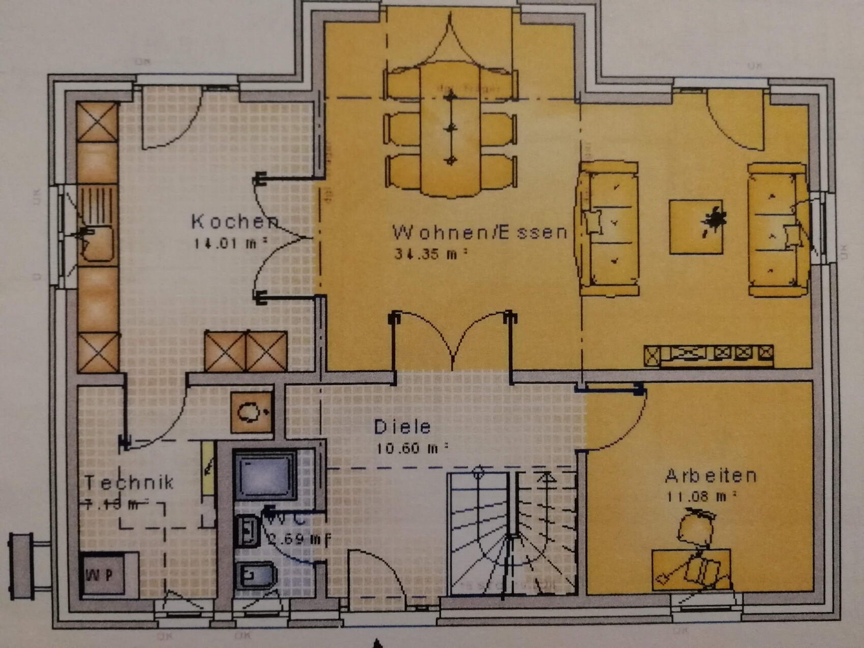 Two-dimensional floor plan of a house with kitchen, living/dining, hallway and office.