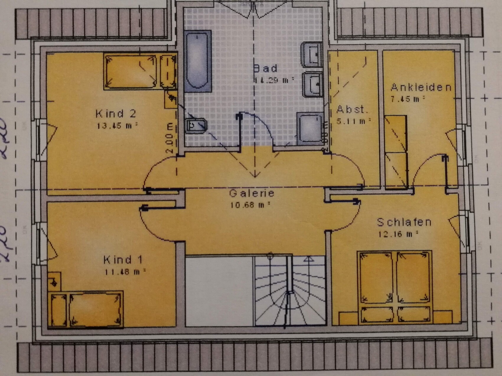 Upper floor plan of a family house with bedrooms, children’s rooms, bathroom and gallery