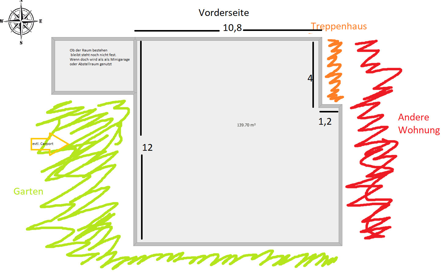 Plot and floor plan with garden, carport, and staircase