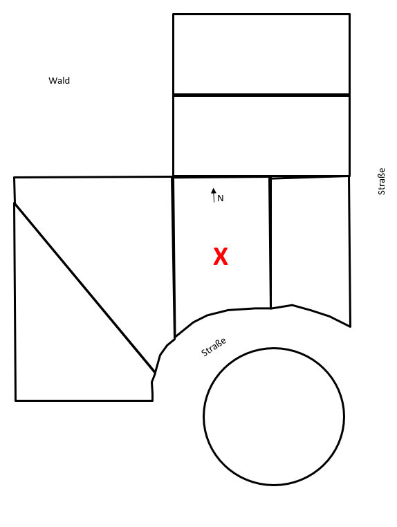 Site plan of a plot with forest to the left, street to the right and a red X in the center.