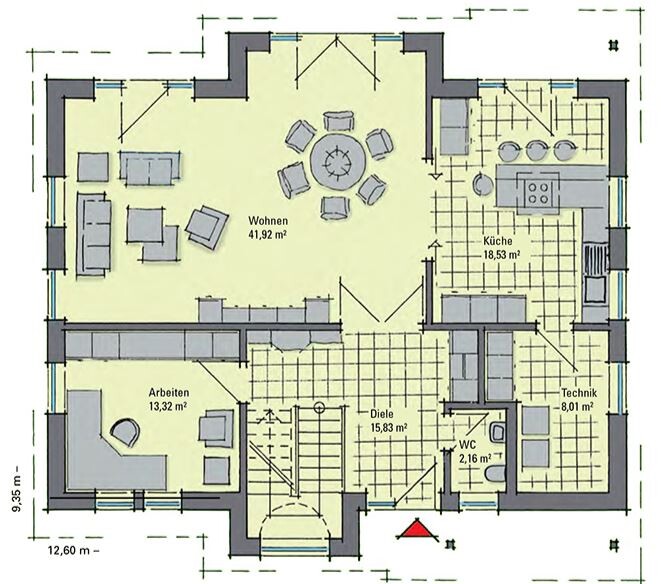 Floor plan of a house with living area, kitchen, foyer, and study