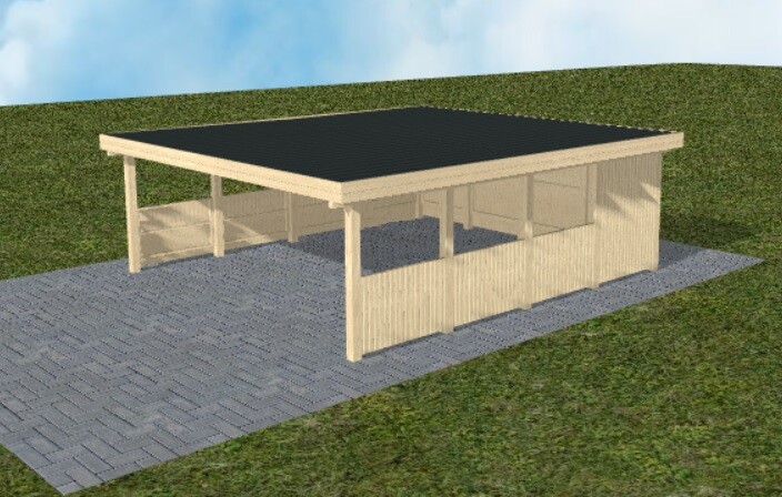 3D model of an open garden pavilion with a roof on a paved surface.