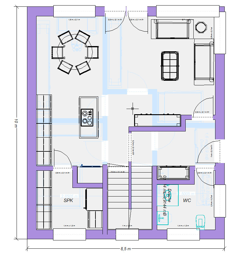 Floor plan of a residential house: kitchen with island, dining area, living room, hallway, stairwell, guest toilet