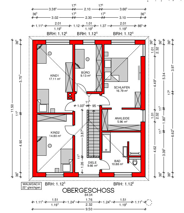 Upper floor plan of a house with children’s rooms, office, bedroom, hallway, and bathroom