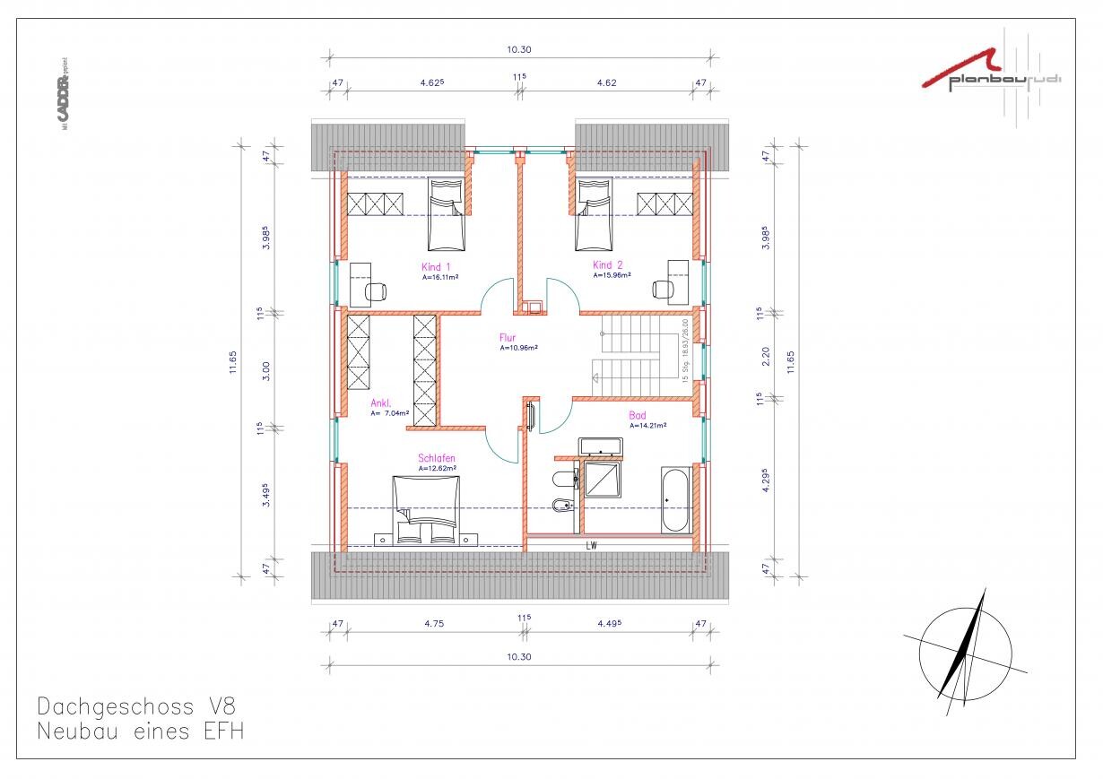 Attic floor plan: Bedroom, dressing room, bathroom, corridor, two children’s rooms, stairs.