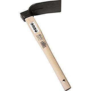 Hammer with wooden handle and metal head, side view
