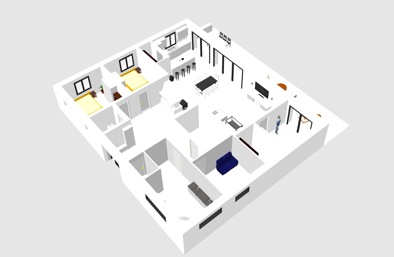 Isometrischer 3D-Grundriss eines Hauses mit Wohnzimmer, Küche, Schlafzimmer und Bad