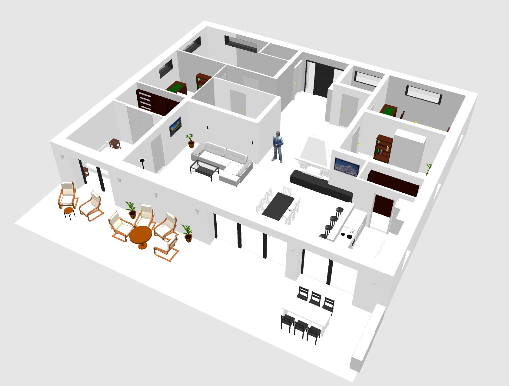 3D-Hausmodell mit Küche, Essbereich, Wohnzimmer und Terrasse, Grundrisssicht