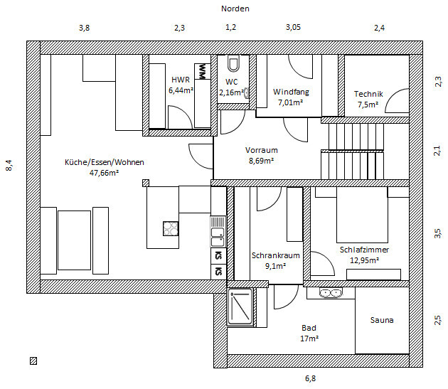 Floor plan of a house: kitchen/dining/living, vestibule, hallway, WC, utility room, technical room, bathroom, sauna