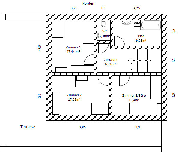 Floor plan of an apartment: 3 rooms/office (17.44; 17.68; 15.4 m² (188; 190; 166 sq ft)), hallway, WC, bathroom, terrace