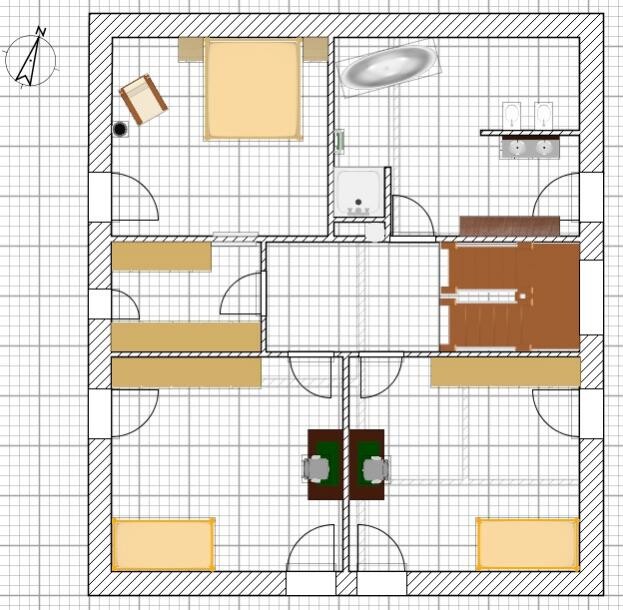 Floor plan of a house with several rooms: beds, sofas, tables, kitchen with sink, bathroom.
