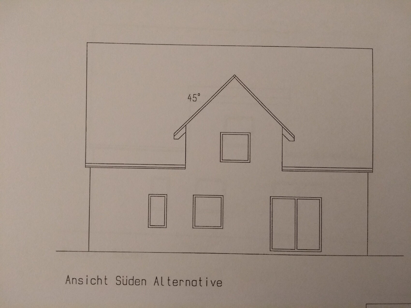 South elevation of a two-story house with a gable roof; two windows and a door below, small window.