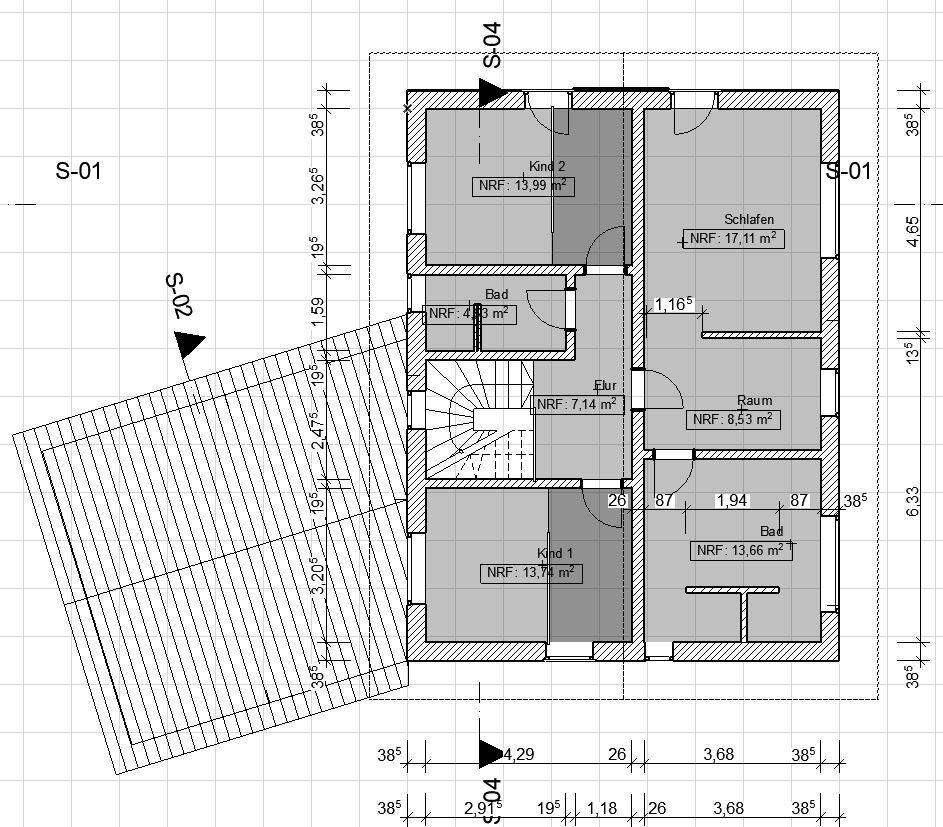 Floor plan of an upper floor: two children's rooms, bedroom, bathroom, hallway, room and staircase.