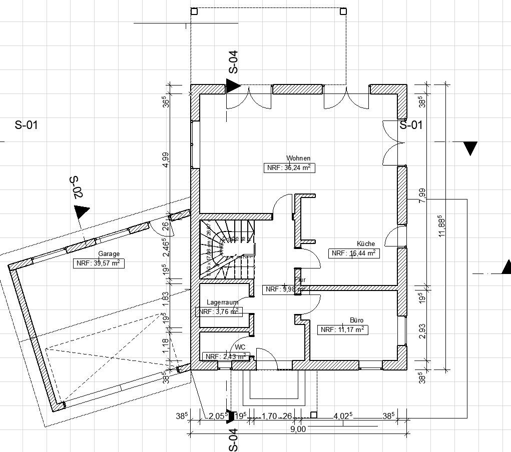 Floor plan of a house with living area, kitchen, office, storage, WC, stairs and garage.