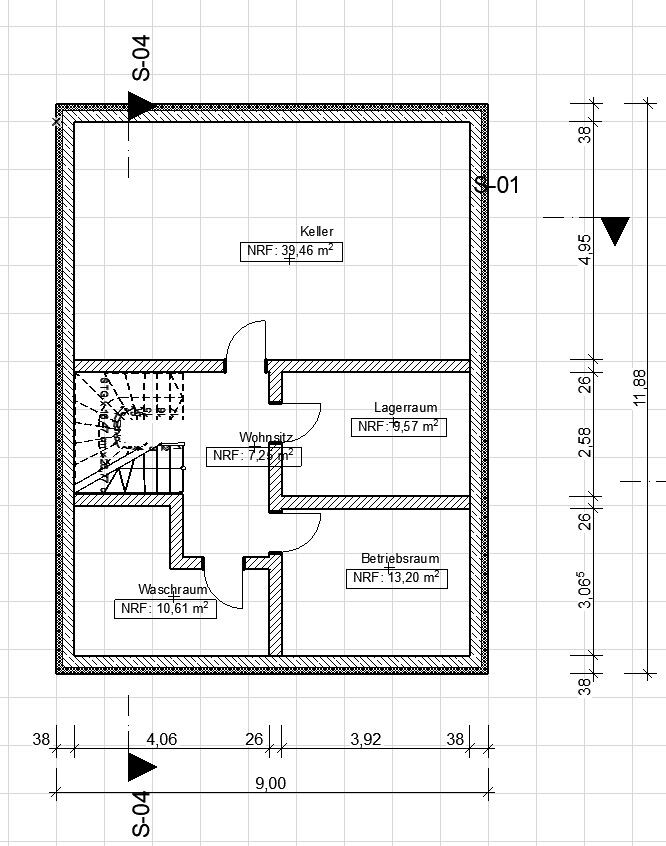 Floor plan of a basement with cellar, living area, laundry, utility room and storage room.